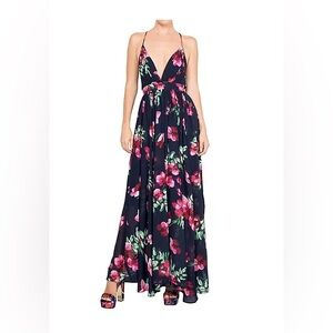 NWT tropical Floral backless strappy maxi dress L vacation resort wedding guest